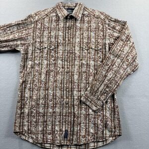 Rough Stock Shirt Mens Medium Brown Floral Western Pearl Snap Pockets Casual